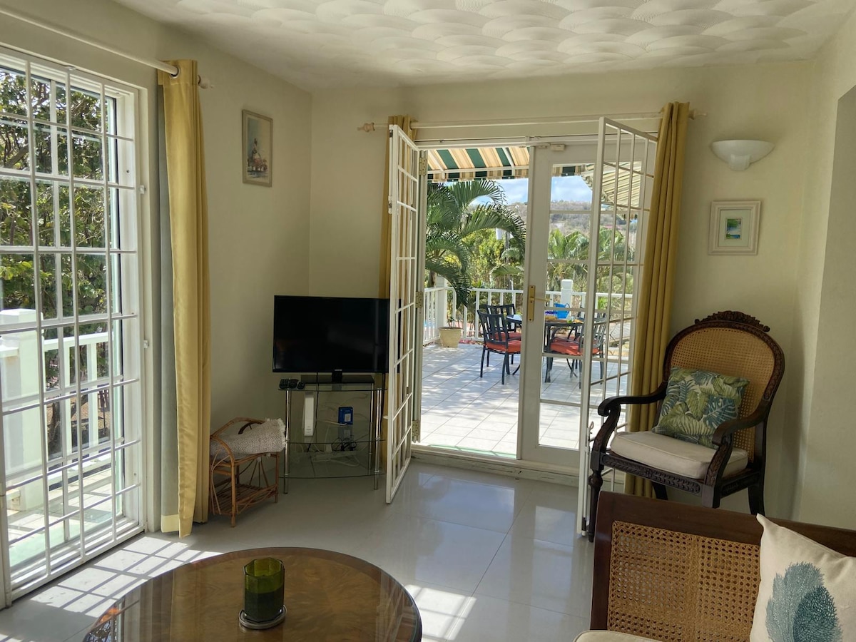 A bright living area features large glass doors that open to an outdoor space. Light-colored curtains frame the doors, revealing a terrace with seating. A small television is situated on a stand, while a wicker chair with a decorative cushion is positioned beside a round wooden table.