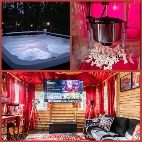 outdoor movie room private hot tub firepit by lake
