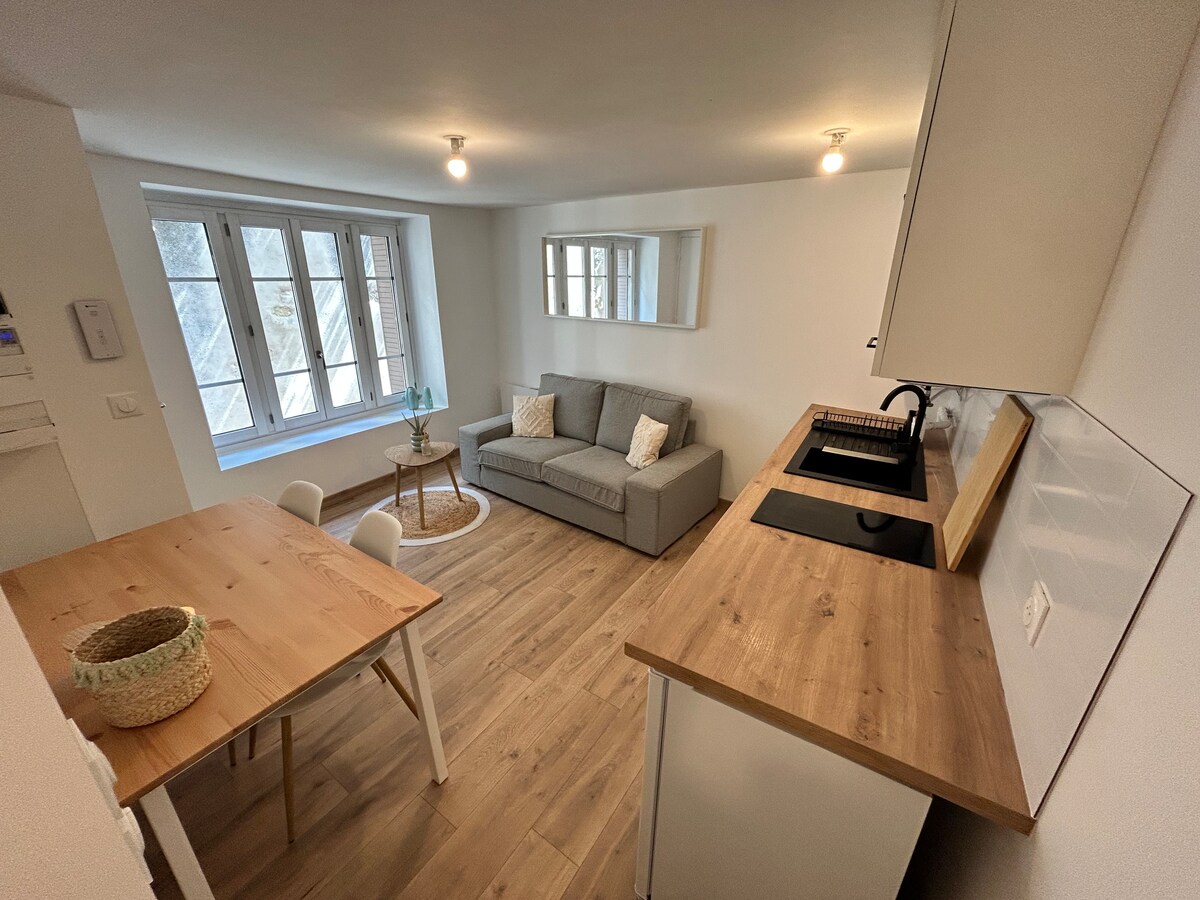 A modern studio space features a gray sofa with decorative cushions opposite a wooden dining table. Light streams in through large windows, illuminating the natural wood flooring. A minimalistic kitchen area is visible with a white countertop and dark sink, enhancing the clean design.