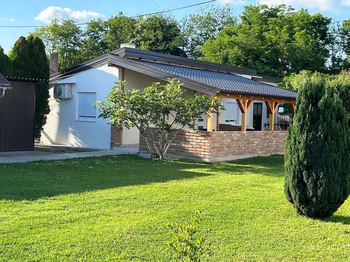 A modern one-story house is situated in a lush green yard, featuring a shaded porch supported by wooden beams. Sunlight casts gentle shadows across the well-maintained lawn, while surrounding trees provide a feeling of privacy.