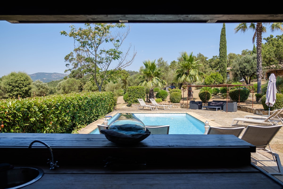 A view from the pool house showcases a serene outdoor area featuring a secure pool surrounded by lush greenery and palm trees. Several lounge chairs are positioned by the water, with the distant hills adding to the peaceful backdrop.
