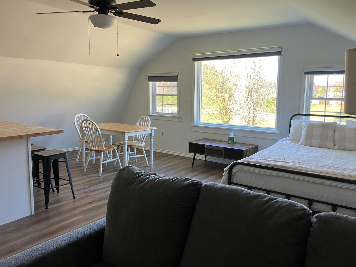 Студио стил со отворен простор за живеење, кујна и соби за спиење. Брачен кревет (широк 150-179 см) со кауч за спиење.