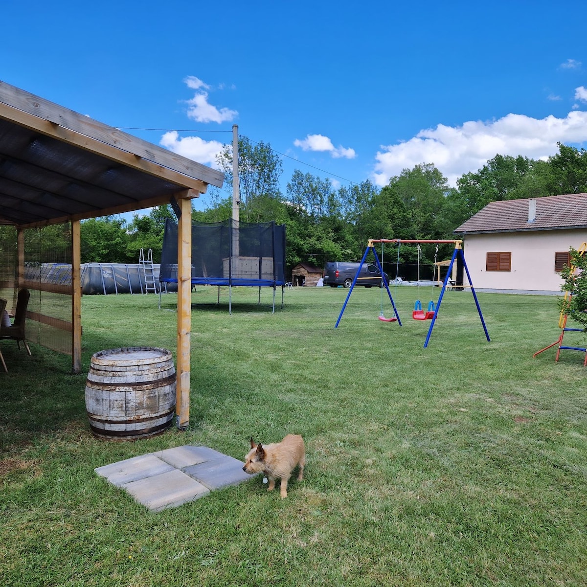 A spacious outdoor area is visible, featuring a trampoline and a swing set with colorful seats. A small, playful dog is seen walking on the grass. Nearby, an open structure offers shaded seating, and a barrel adds rustic charm to the landscape.