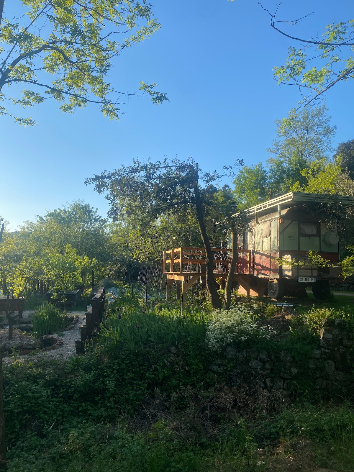 A charming roulotte is nestled among lush greenery, with sunlight filtering through the leaves. A wooden deck extends from the roulotte, surrounded by various plants and trees, creating a serene natural environment.