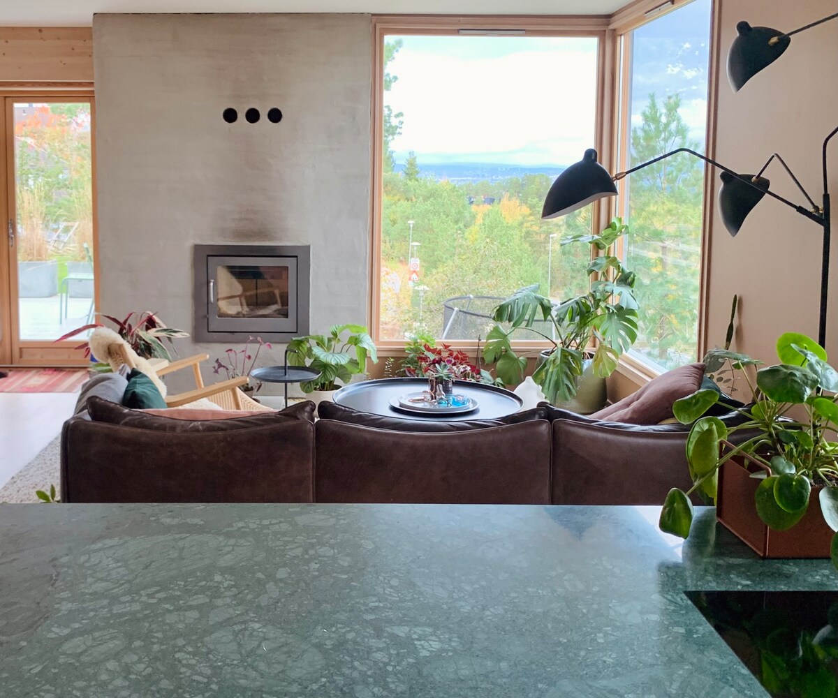 A cozy living area is positioned near large windows, offering views of surrounding greenery. A modern fireplace is embedded in a concrete wall, complemented by stylish furniture and potted plants. Natural light enhances the space, creating a bright and welcoming environment.