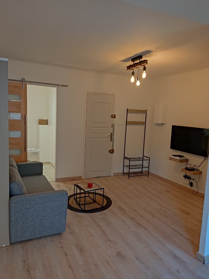 A cozy living area features a gray sofa positioned against a light-colored wall. A small circular table sits in front, with a glass resting atop it. A mounted television is visible, alongside a decorative standing rack. Natural light enters from a doorway leading to the bathroom.