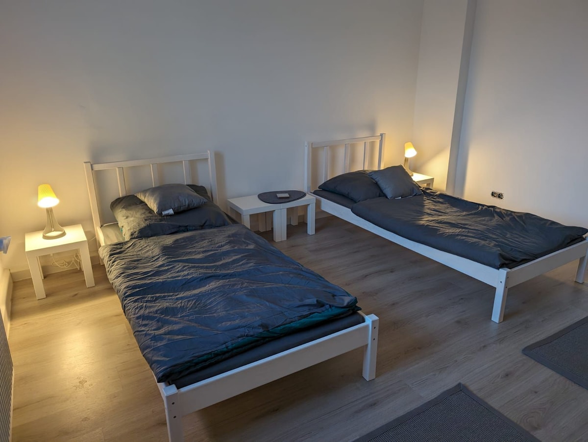 The sleeping area contains two single beds with dark bedding, each positioned beside a small nightstand. Soft bedside lamps provide gentle illumination, creating a calm ambiance. Light wood flooring and minimalistic decor contribute to an uncluttered and relaxing environment.