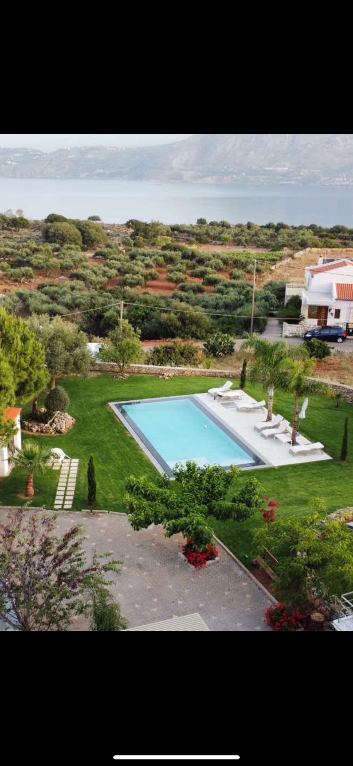 A well-maintained outdoor area features a swimming pool surrounded by neatly landscaped grass and palm trees. Several sun loungers are positioned near the pool, providing a relaxing space. The backdrop showcases lush greenery and scenic views of the surrounding landscape.