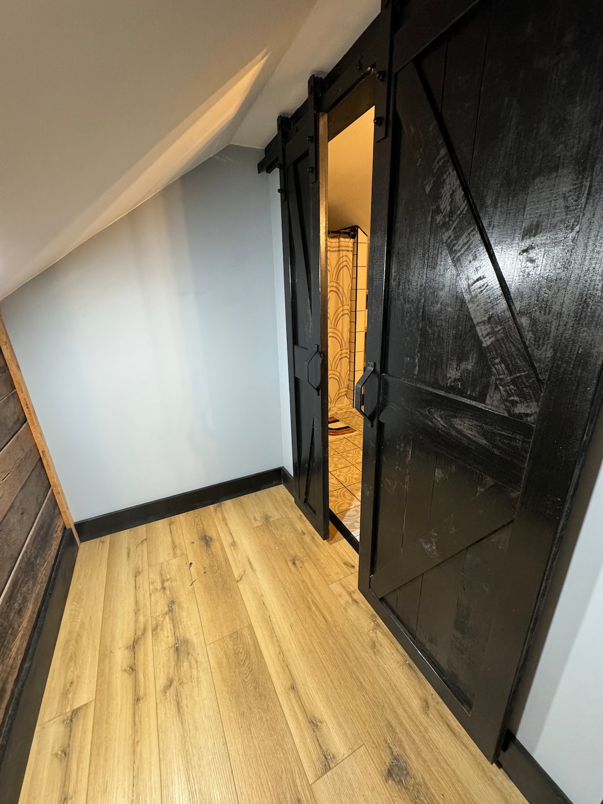 A hallway features sliding black barn doors that lead to a bathroom, positioned against a backdrop of pale blue walls. The floor is composed of light-colored planks, enhancing the space's warmth. Natural light illuminates the area, highlighting the clean lines and modern aesthetic.