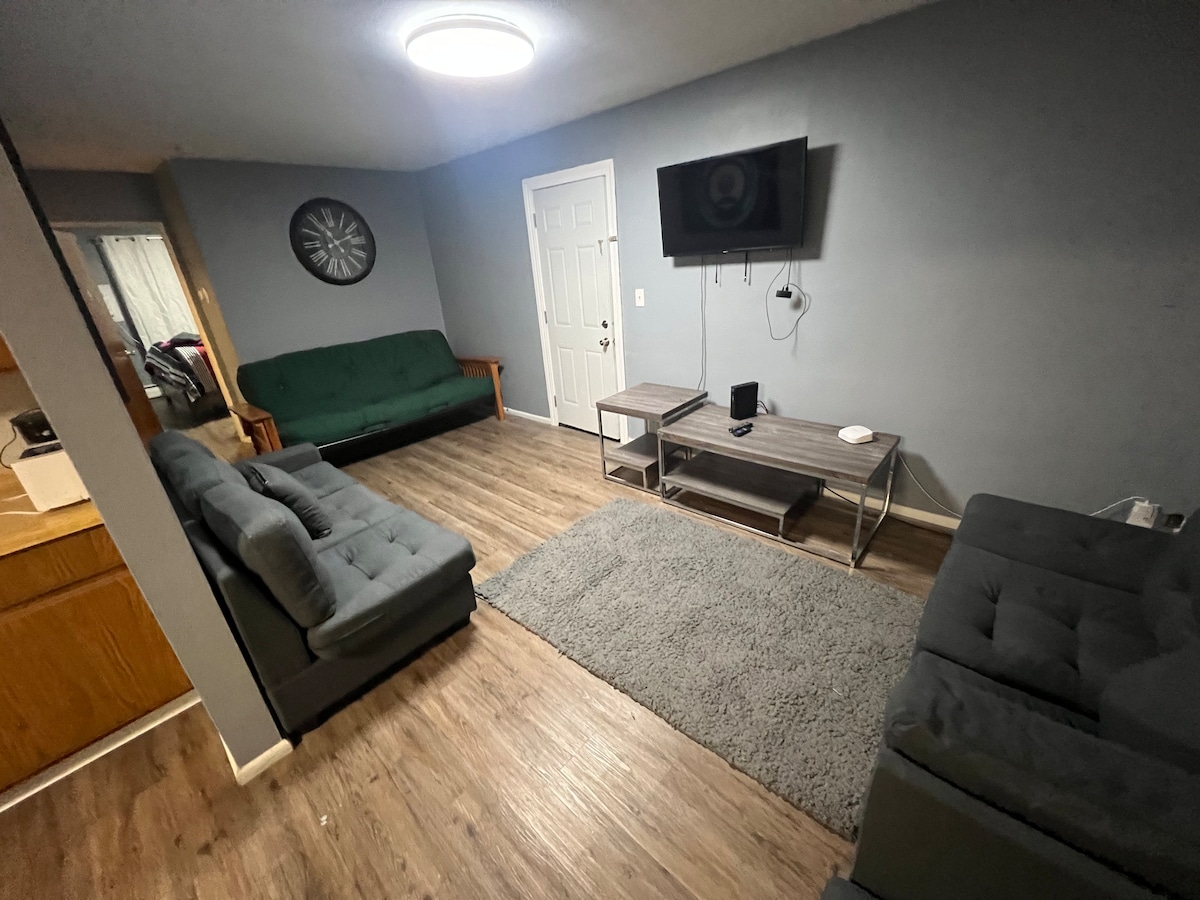 A living area features a cozy arrangement of dark gray sofas and a green futon, complemented by a textured area rug. A flat-screen television is mounted on the wall opposite a wooden coffee table, and natural light enters through a nearby doorway.