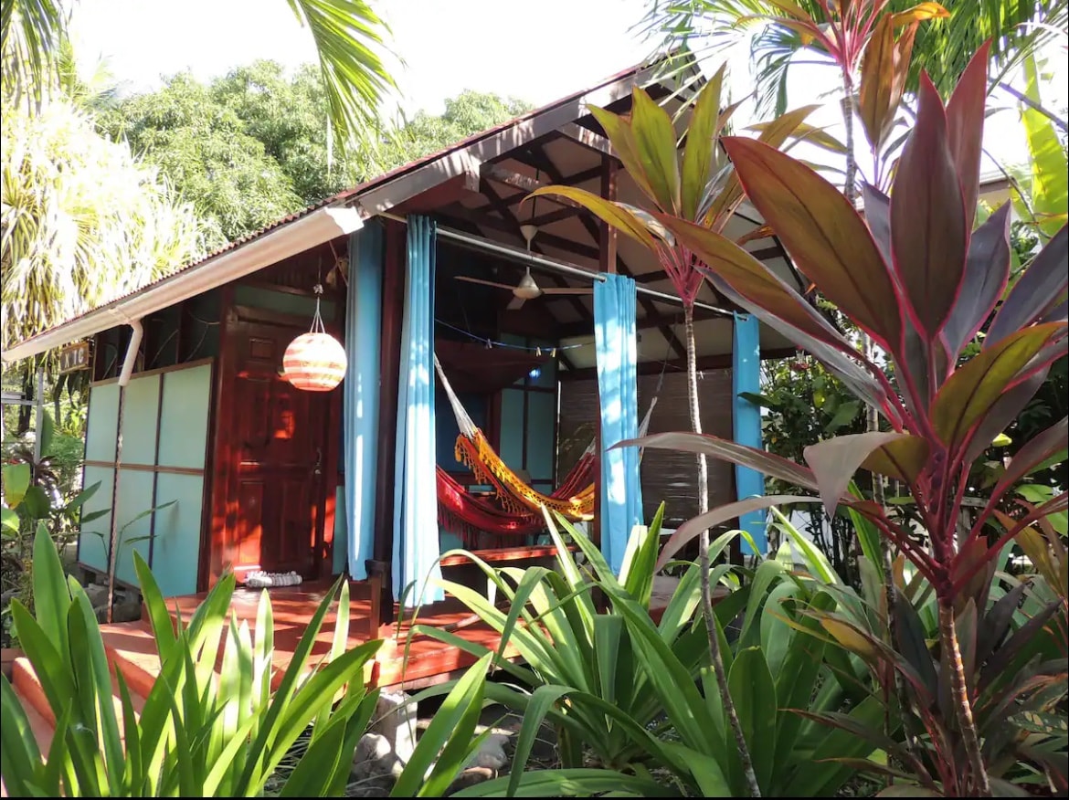 An inviting cabin is surrounded by lush greenery, showcasing vibrant plants and colorful hanging lanterns. The structure features open spaces with blue curtains and a comfortable hammock, blending with the natural environment. Sunlight filters through the trees, enhancing the tranquil setting.