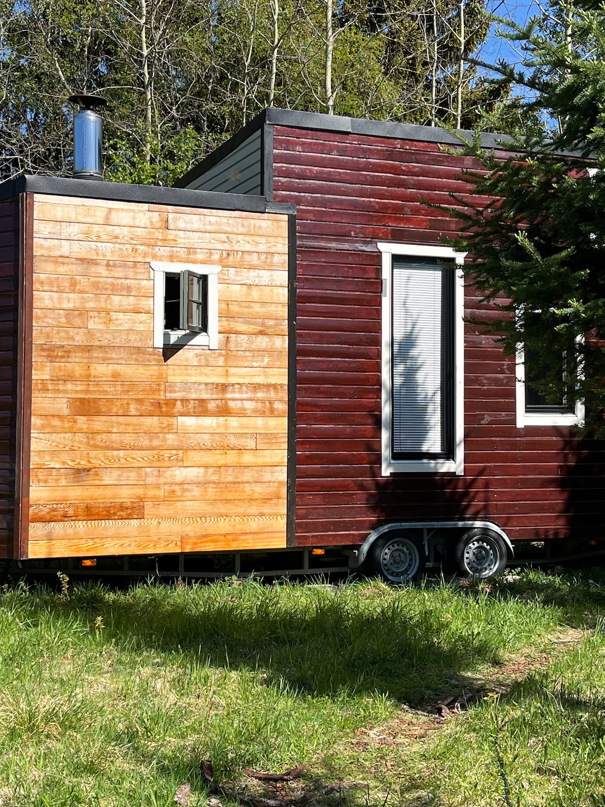 The exterior of a tiny house is displayed, featuring contrasting wooden panels in light and dark tones. A small window is positioned on the side, while a larger window is visible on the front. The house is surrounded by lush greenery, placement on a grassy area.
