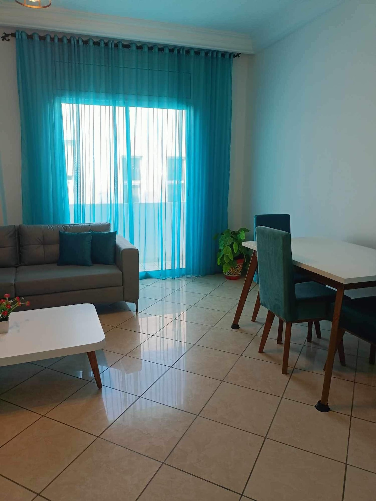 A bright living space features a comfortable gray sofa beside a light wooden coffee table. A dining area includes a white table and three blue chairs. Floor-to-ceiling sheer curtains frame a large window, allowing natural light to fill the room, complemented by a green plant.