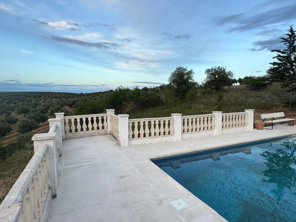A pool area is seen set against a backdrop of rolling hills and olive trees. The pool is bordered by a white stone terrace featuring a decorative railing. The sky displays soft hues as daylight begins to fade, creating a serene outdoor environment.