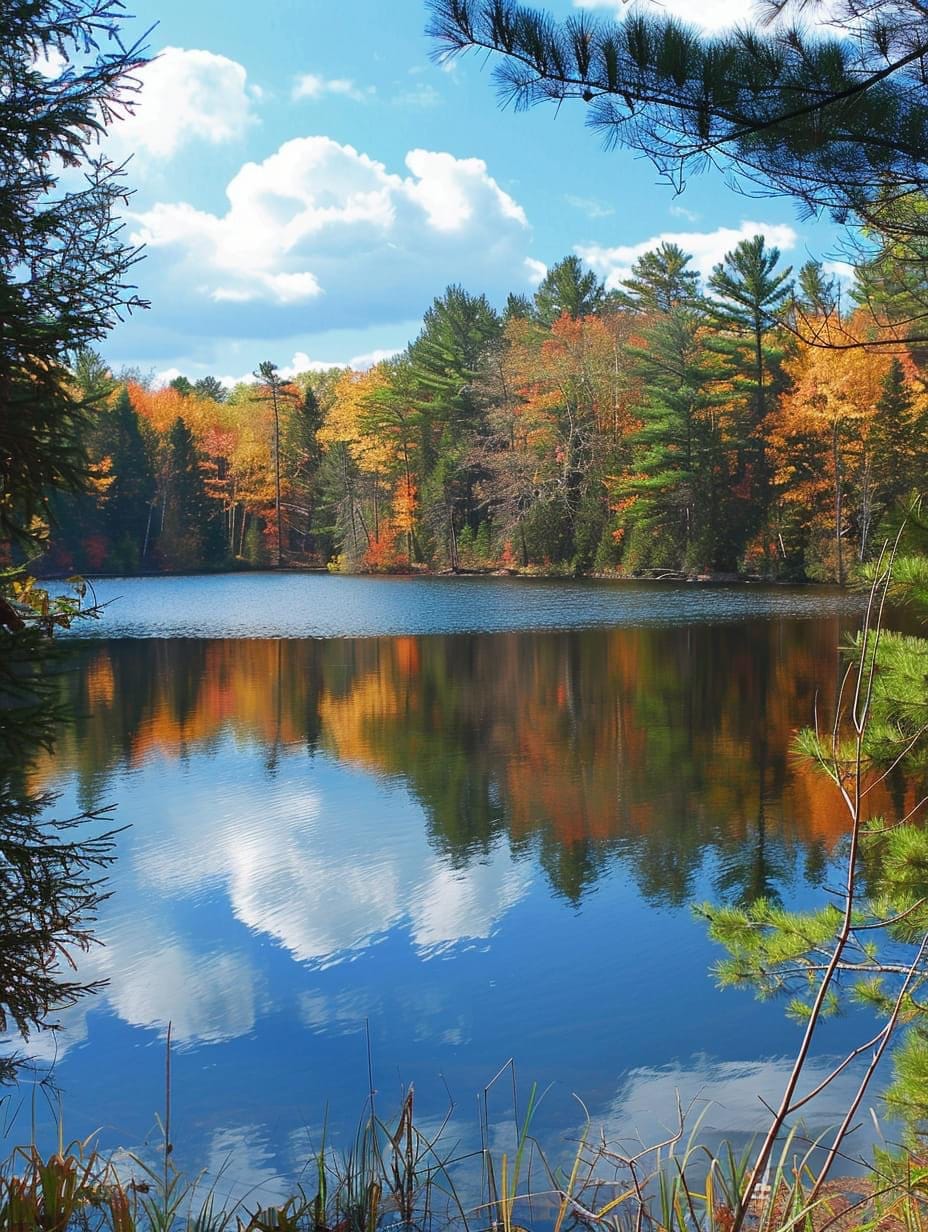 A serene lake is framed by lush trees displaying vibrant autumn foliage. The calm water reflects the blue sky and fluffy white clouds, creating a peaceful natural scene. Tall grasses and reeds border the shoreline, enhancing the tranquil atmosphere.