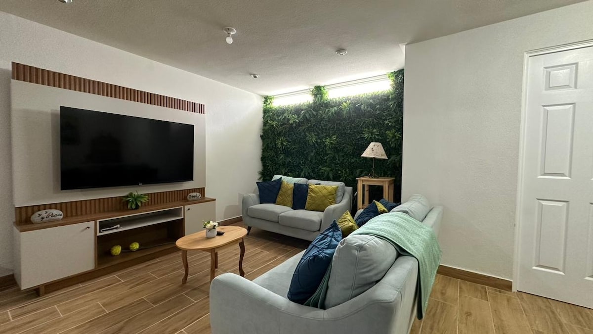 A bright living room features a large flat-screen TV mounted on a wooden panel. Two comfortable sofas with colorful cushions face a small coffee table. Greenery on the wall adds a natural touch, complemented by a lamp on a side table. A door leads to another area.