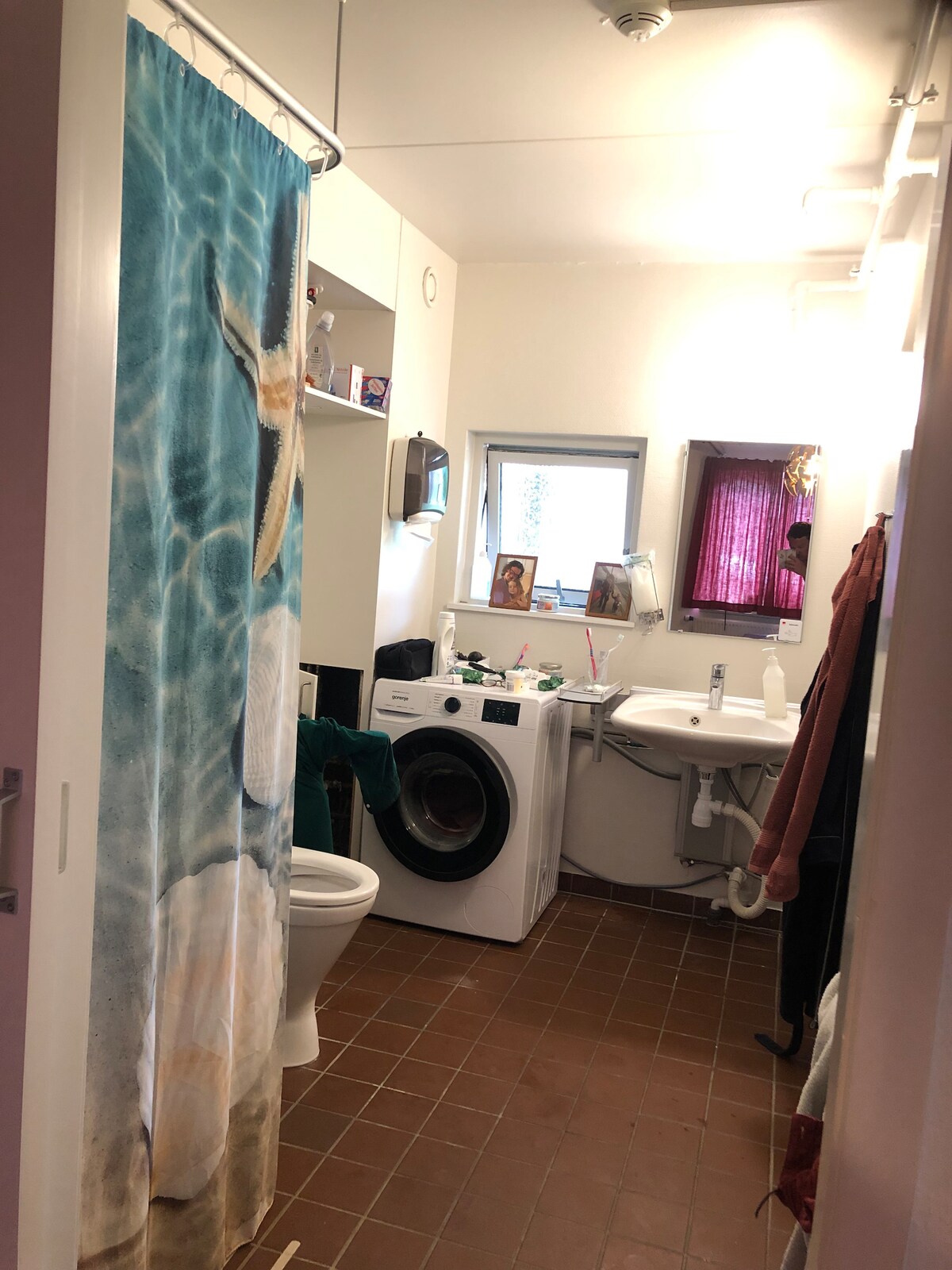 A bathroom area is displayed, featuring a washing machine and a toilet. A shower curtain with a serene beach scene divides the space. Natural light enters through a small window adorned with sheer curtains, and a sink with various toiletries is positioned nearby.