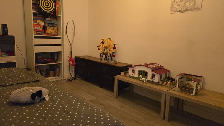 спална соба или соба за игри со единечен кревет 