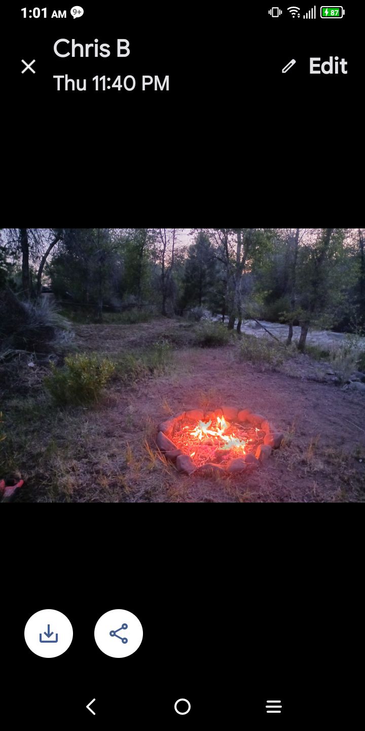 A circular stone fire pit is set in a natural clearing, with vibrant orange flames flickering in the center. Surrounding vegetation includes patches of grass and small shrubs, while trees provide a backdrop in the softly lit evening. A dirt path can be seen nearby.