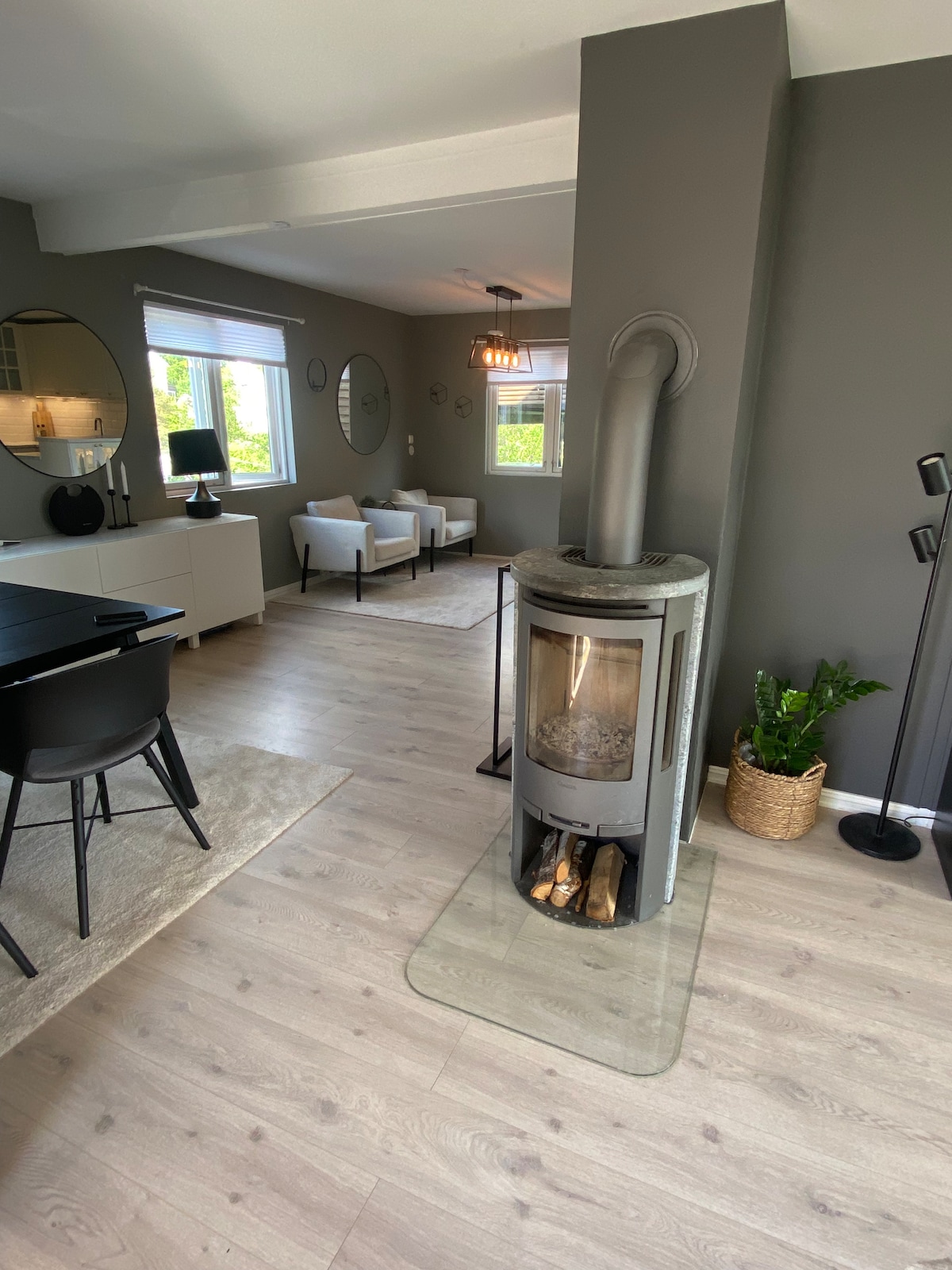 A modern living space features a stove with a glass front, set against a neutral wall. Soft natural light enters through windows, illuminating the seating area with two armchairs and a dining table. Decorative elements, such as plants and mirrors, add a refined touch.