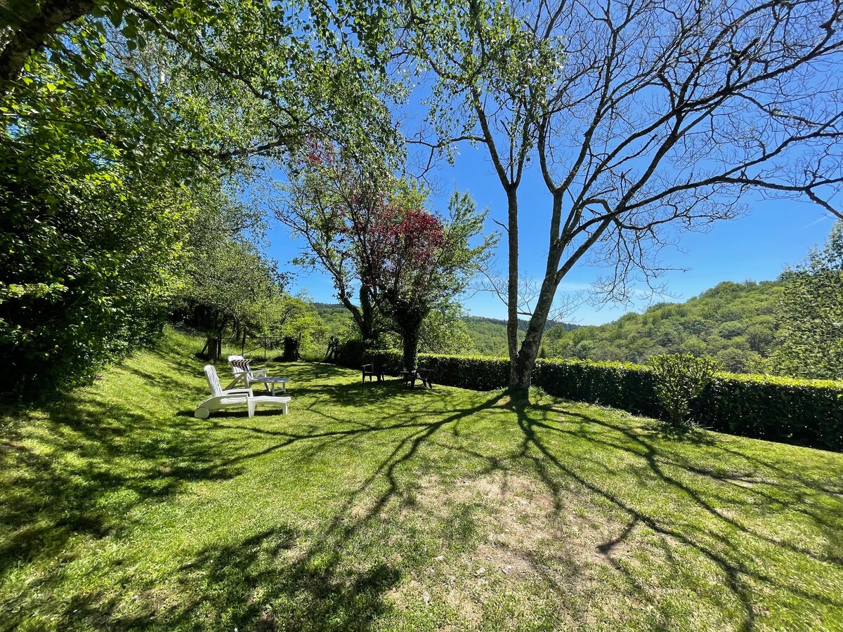 A serene garden space is presented, featuring lush green grass and dappled sunlight filtering through the trees. Two lounge chairs are positioned on the grass, surrounded by a natural landscape with hedges and trees, creating an inviting outdoor retreat.