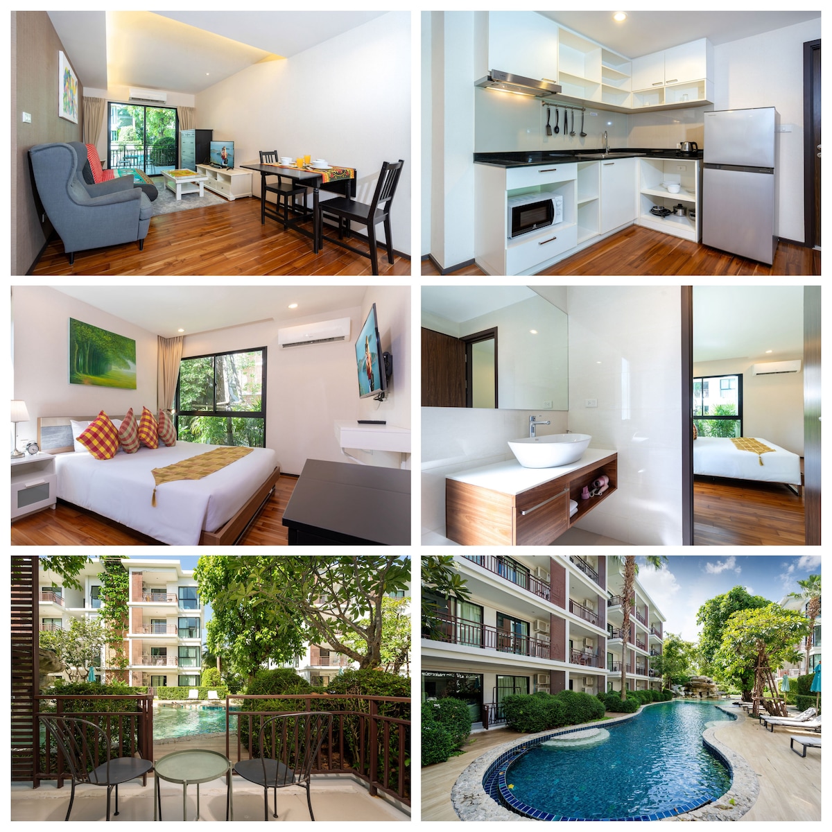 A spacious apartment is showcased with a living area featuring comfortable seating and a dining table. The kitchen includes modern appliances. A cozy bedroom offers a large bed with colorful pillows. The bathroom features a sleek sink. A balcony overlooks lush greenery and a swimming pool.