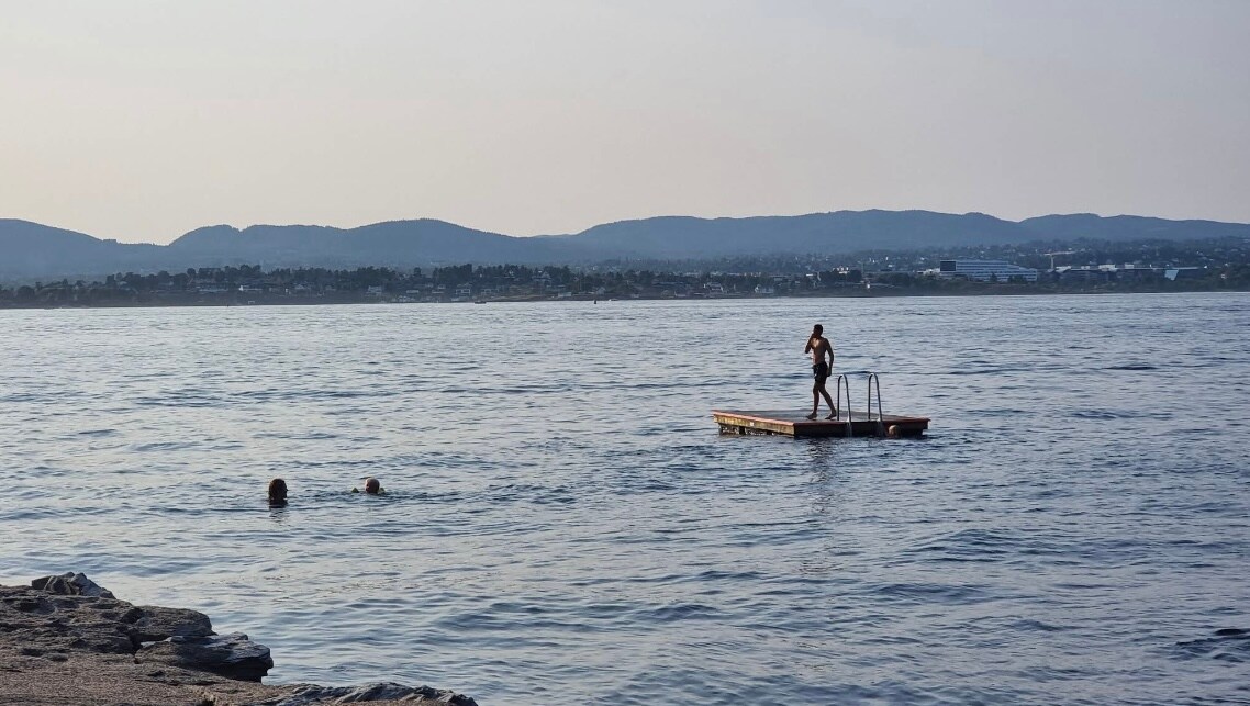 A tranquil scene showcases a wooden platform extending into the calm waters, with a person standing on it. Two individuals can be seen swimming nearby. The horizon features gentle hills under a soft light, indicating a serene atmosphere.