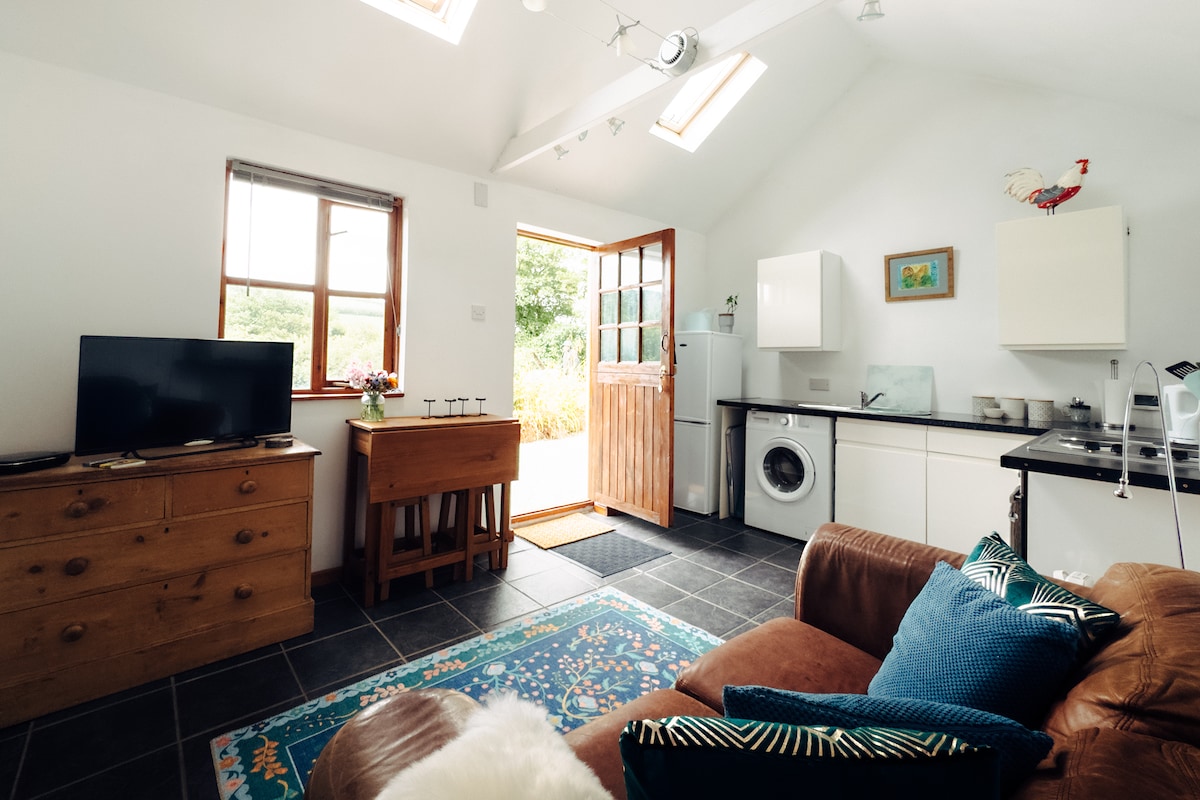 A well-lit living area is present, featuring a cozy sofa with decorative pillows, a wooden dresser, and a TV. A small table is positioned nearby, and a door leads to a view of the natural surroundings. Skylights provide additional brightness.
