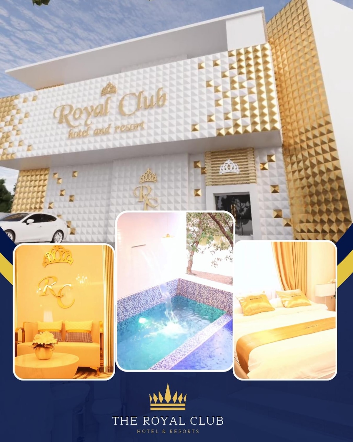 The exterior of the Royal Club Hotel and Resort features a striking golden facade with a contemporary design. An inviting view of the indoor heated pool is also presented, alongside a cozy sleeping area adorned in soft tones with luxurious bedding, showcasing comfort and elegance.