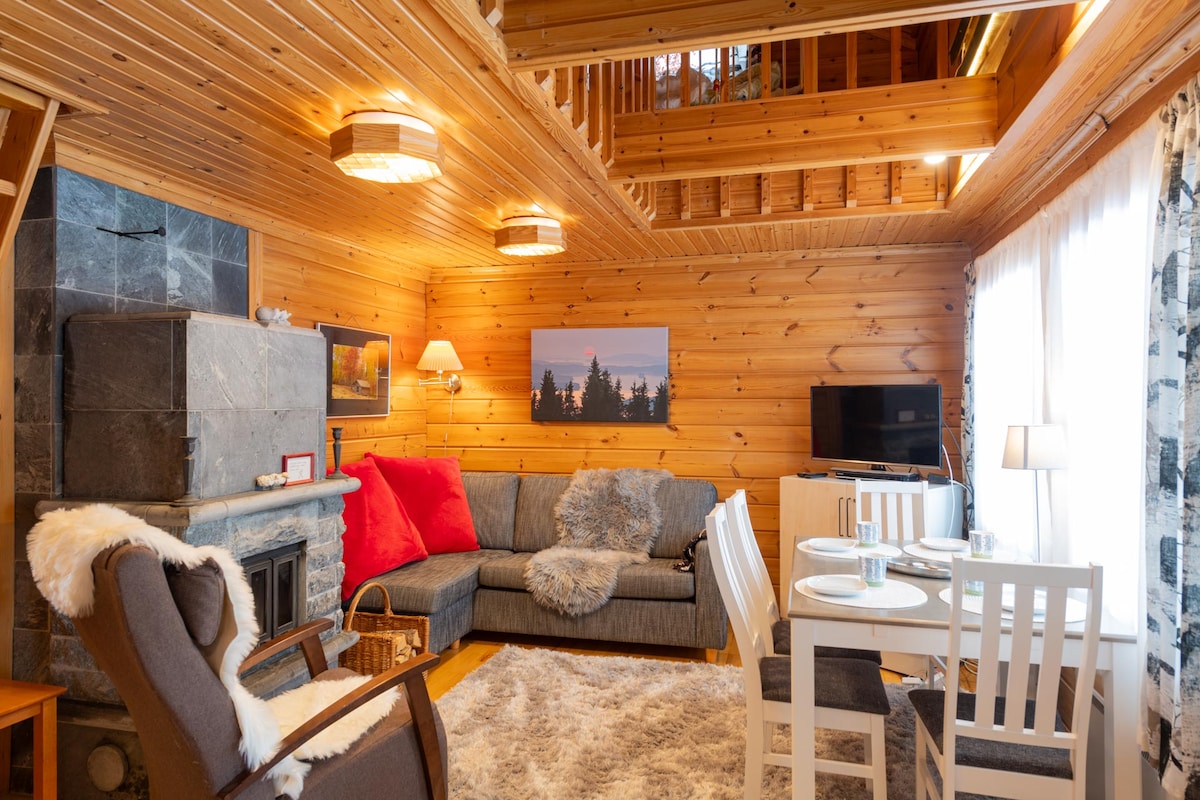 A cozy living area is furnished with a gray sectional sofa and a plush rug. A fireplace with a stone surround adds warmth, while wooden walls and ceiling contribute to a natural ambiance. A dining table with white chairs is positioned nearby, illuminated by soft lighting.