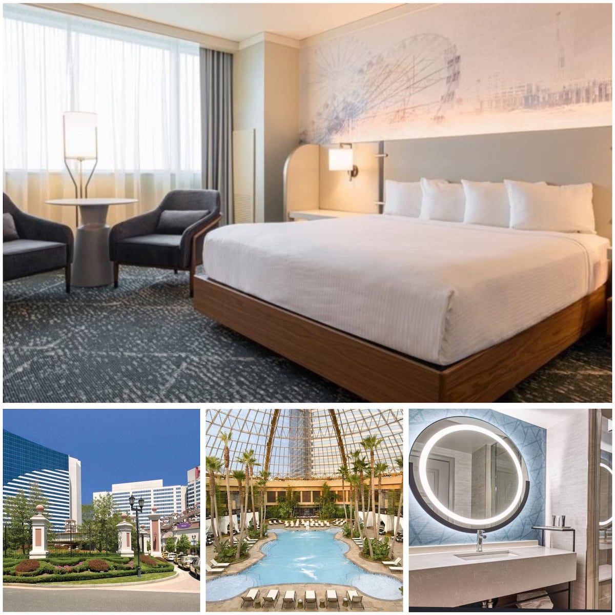 A modern guest room features two queen size beds with plush white bedding. A sitting area includes two grey armchairs positioned beside a round table. Natural light enters through large windows adorned with sheer curtains, creating a bright and airy space.