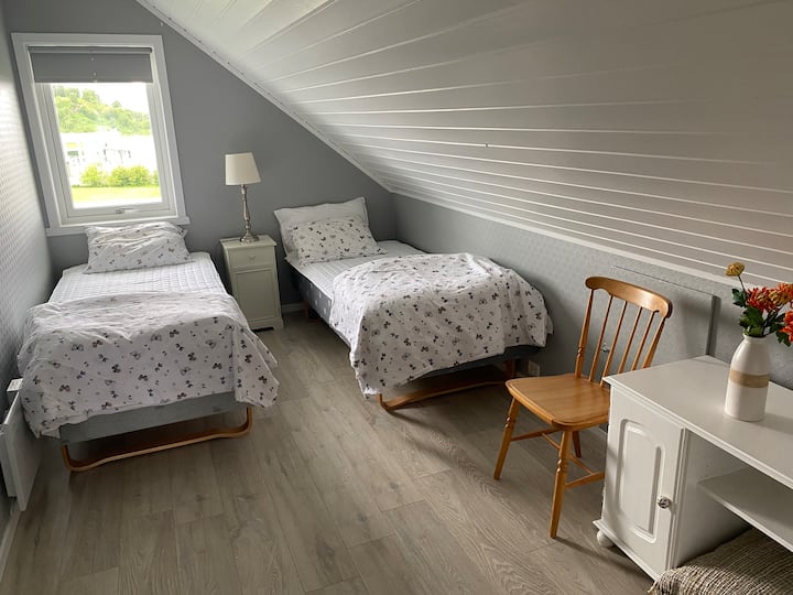 房间内有两张单人床和一扇窗，可欣赏杜松子酒景观