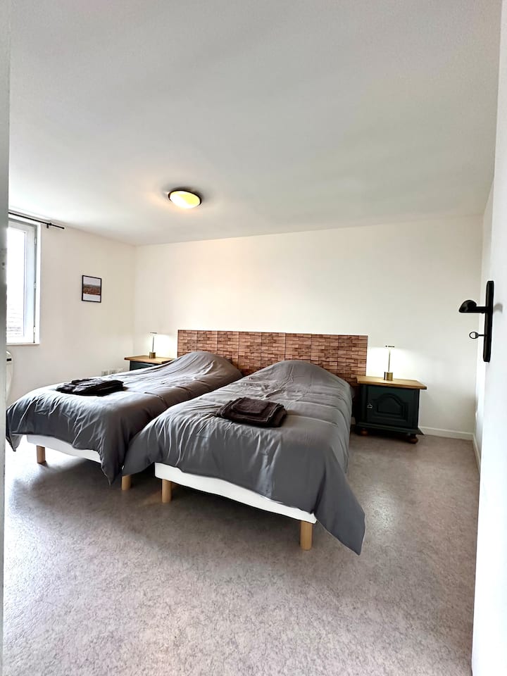 Habitación «gris» con 2 camas individuales 90x190, mesitas de noche, perchero y cómoda 