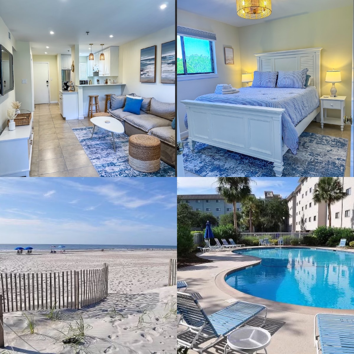 The image showcases a cozy living area featuring a comfortable sofa and a coffee table, with a kitchenette visible in the background. A well-appointed bedroom with a spacious bed is highlighted, while the outdoor spaces reveal a serene beach and a clear pool surrounded by lounge chairs.