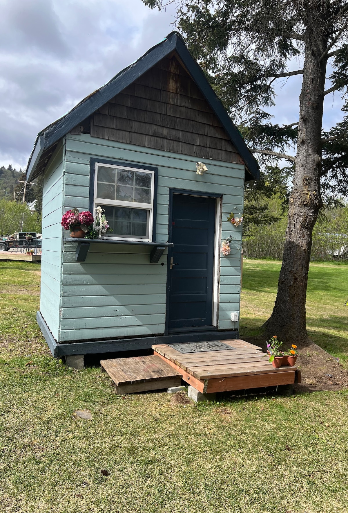 A tiny cabin shaped like a birdhouse is situated on a grassy area, showcasing blue exterior wood siding. A small wooden step leads to the door, and flower pots enhance the entryway. A nearby tree provides additional shade to the charming structure.