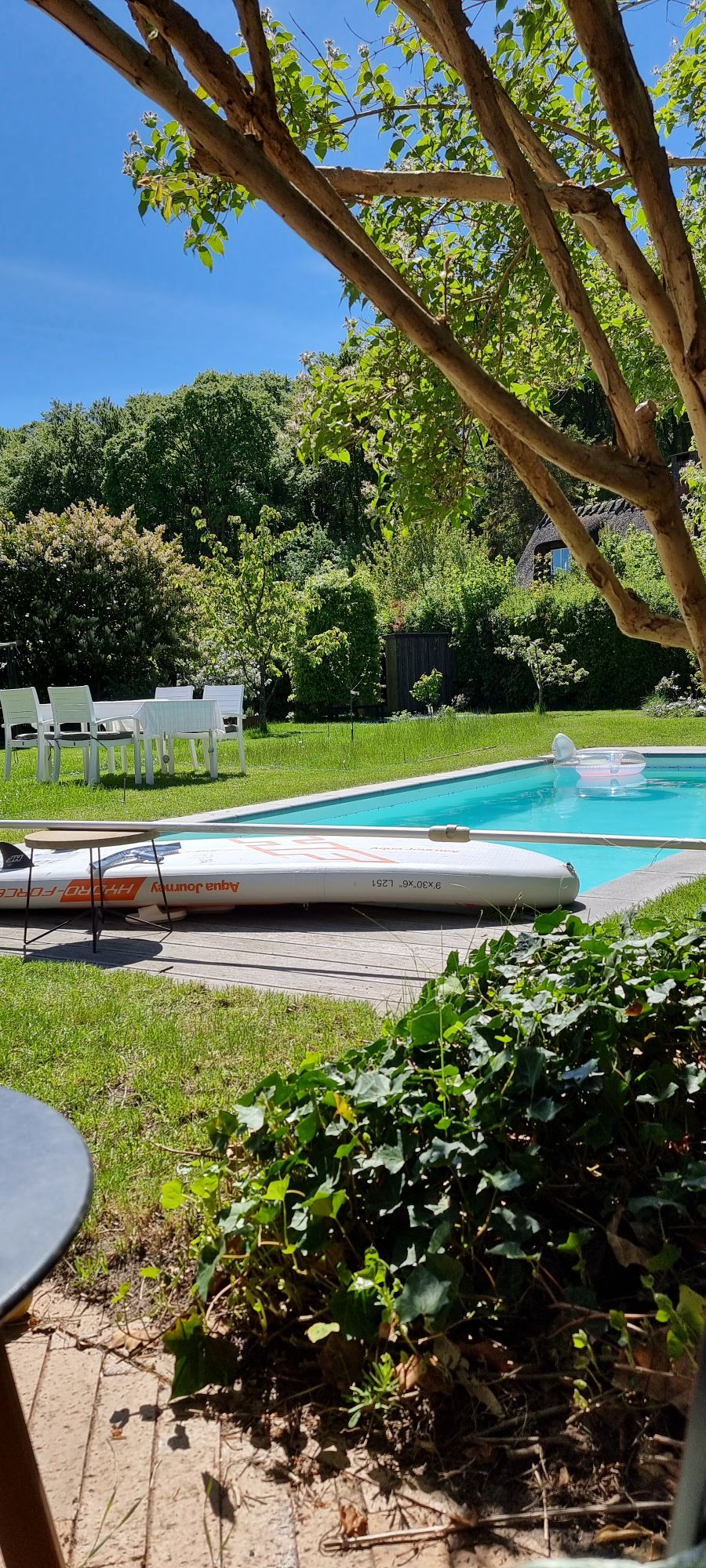 A sunlit garden scene showcases a private pool surrounded by greenery. A kayak and stand-up paddle board rest on the pool's edge. A dining table with white chairs is visible in the background, set against a backdrop of blooming shrubs and trees.