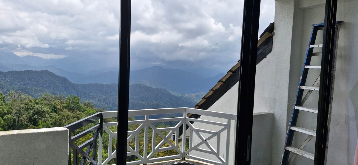 A balcony offers an expansive view of the surrounding mountains, framed by open glass doors. A ladder is positioned against the wall, while the railing provides a clear perspective of the lush green landscape and cloudy sky in the distance.