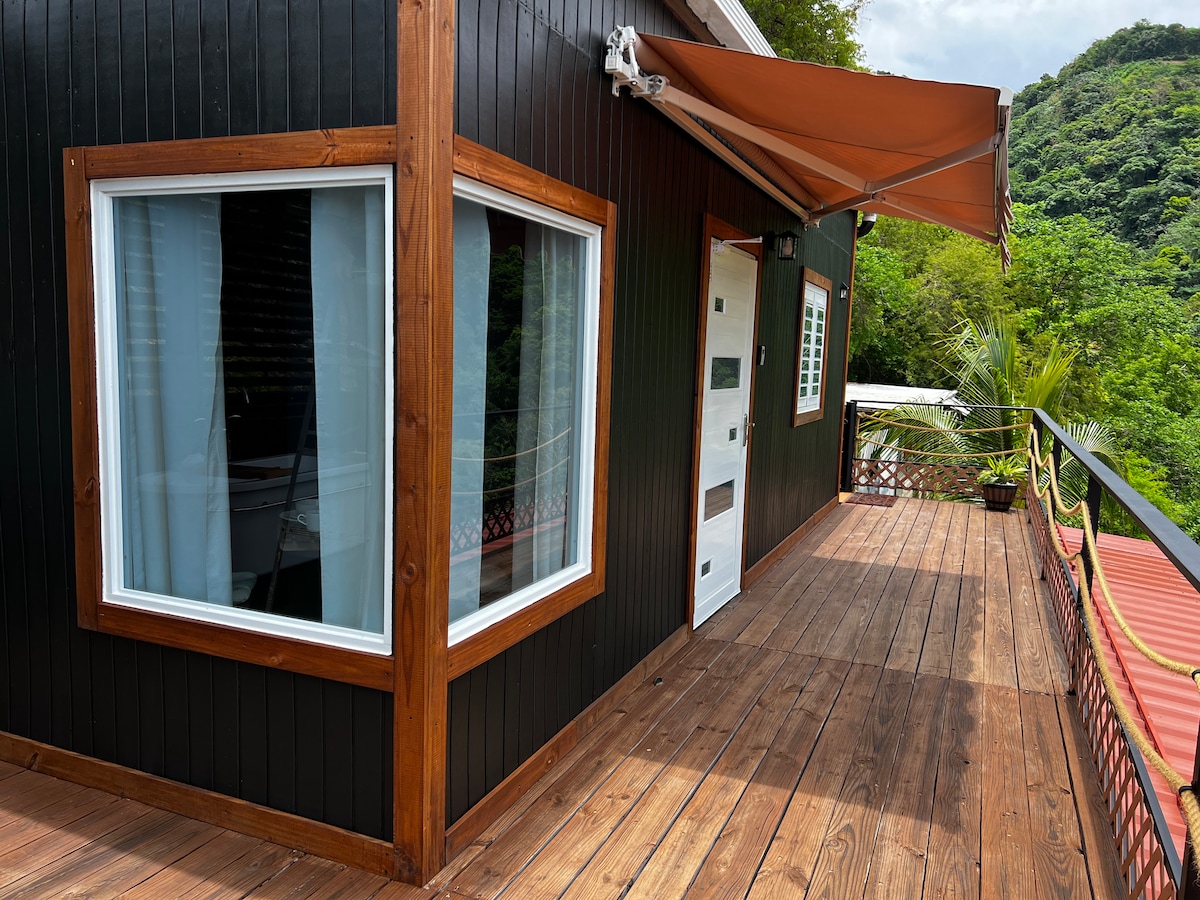 A wooden deck features an overhang with an awning, offering shaded outdoor space. The black exterior walls are complemented by large windows, allowing natural light to fill the interior. Lush greenery surrounds the area, enhancing the tranquil hillside setting.