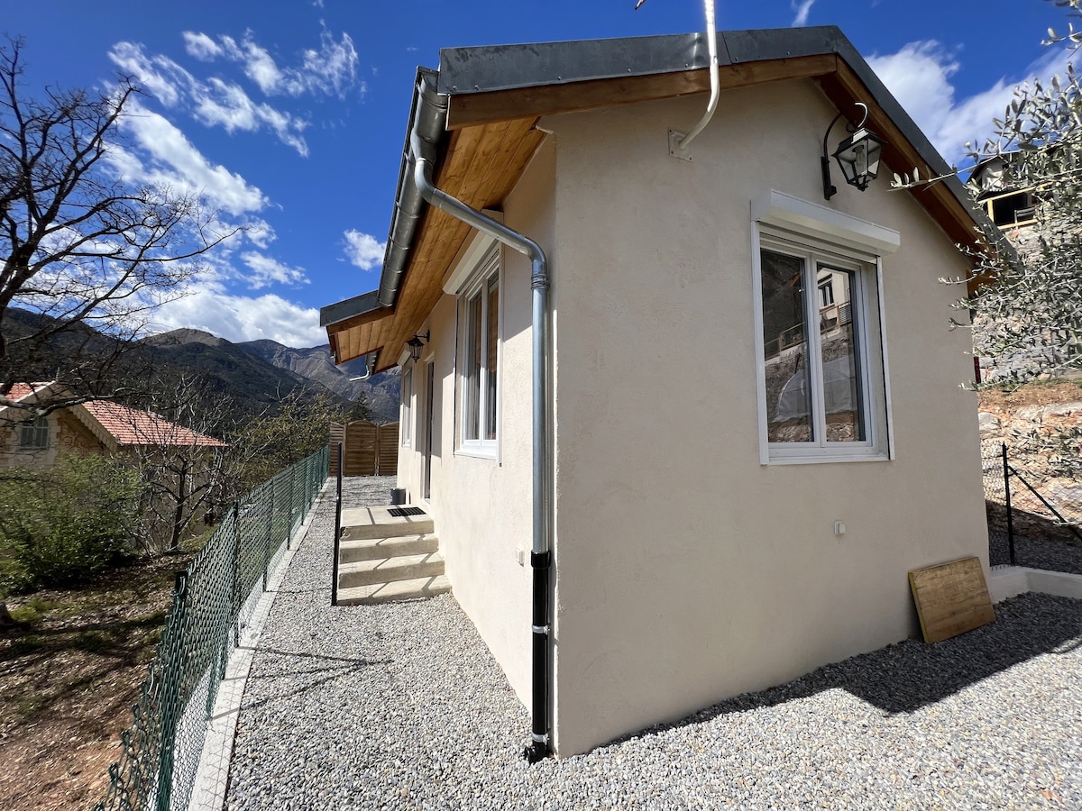 A charming corner of a light-colored house is depicted, showcasing a sloped roof and multiple windows allowing natural light. A stone path leads to the entrance, while a gravel area surrounds the home. The backdrop features mountain views and sparse trees.