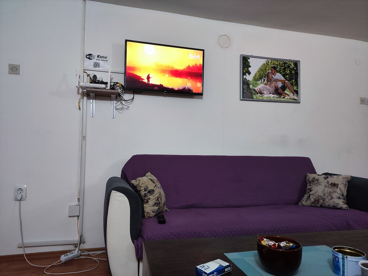 A comfortable seating area is highlighted by a purple sofa adorned with decorative pillows. A mounted television displays a scenic landscape, while an art piece hangs on the adjacent wall. A coffee table in front features a bowl of snacks and a few items placed on it.