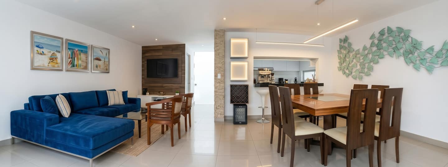 Living and dining area in the beach house