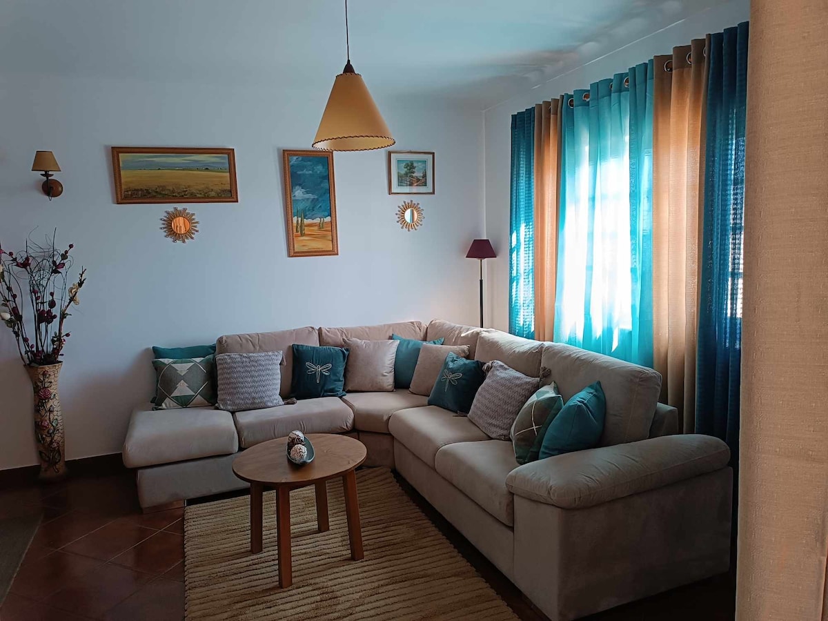 A cozy living area is featured, showcasing a sectional sofa adorned with decorative pillows in various shades of blue. A round table stands in the center on a neutral rug. Light filters through sheer curtains, complemented by vibrant blue and orange drapes. Art pieces are displayed on the walls.