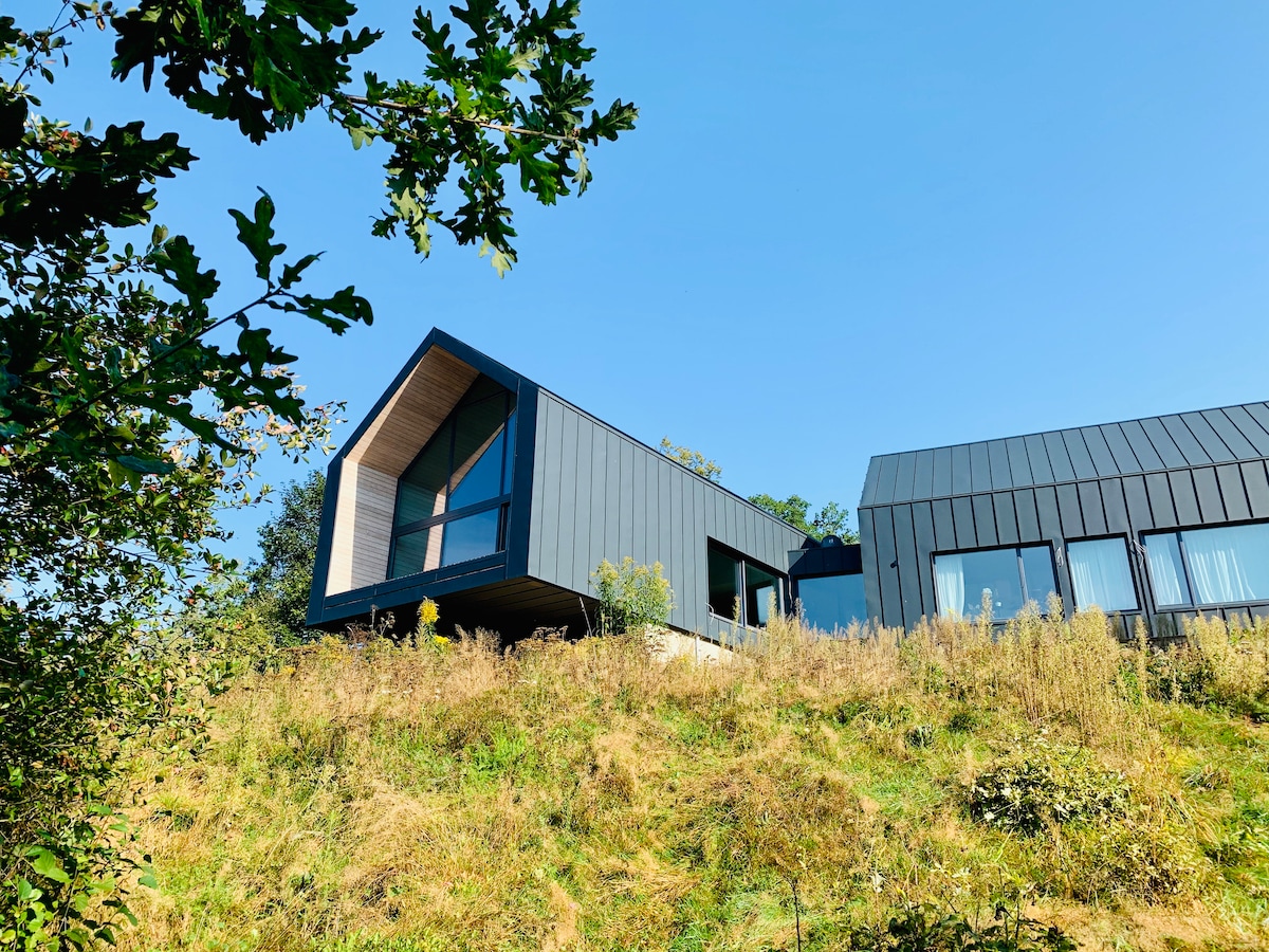 The modern building is set on a gently sloping hillside, featuring a combination of dark exterior materials and large windows that reflect natural light. A backdrop of lush greenery enhances the design, blending the structure with its tranquil surroundings.
