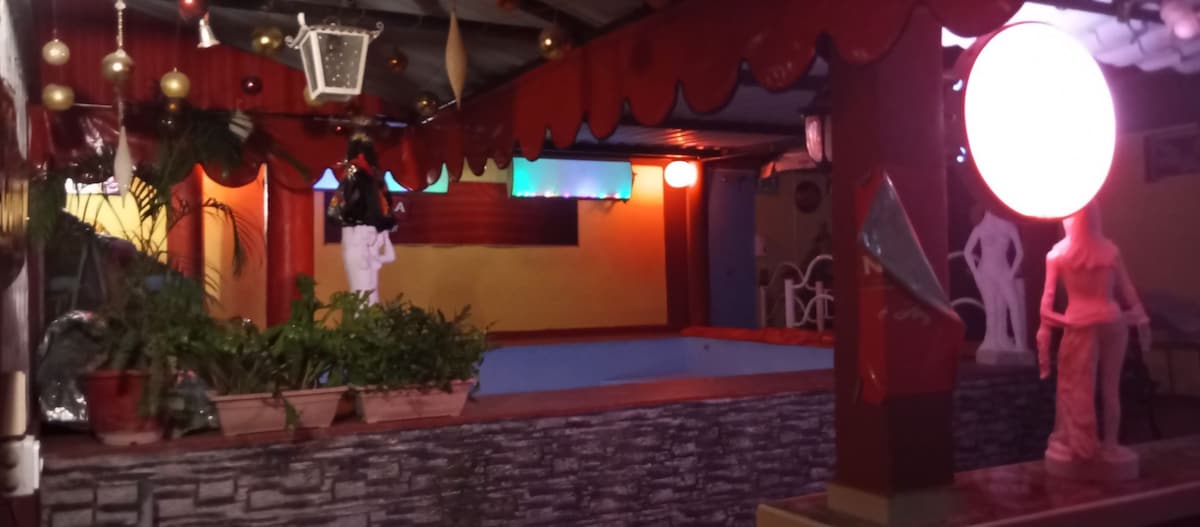 An inviting communal area features a pool surrounded by decorative plants and colorful lighting. The walls are painted in bright hues, and festive ornaments enhance the vibrant atmosphere. Seating is provided under a sheltered structure, creating a welcoming space for relaxation.