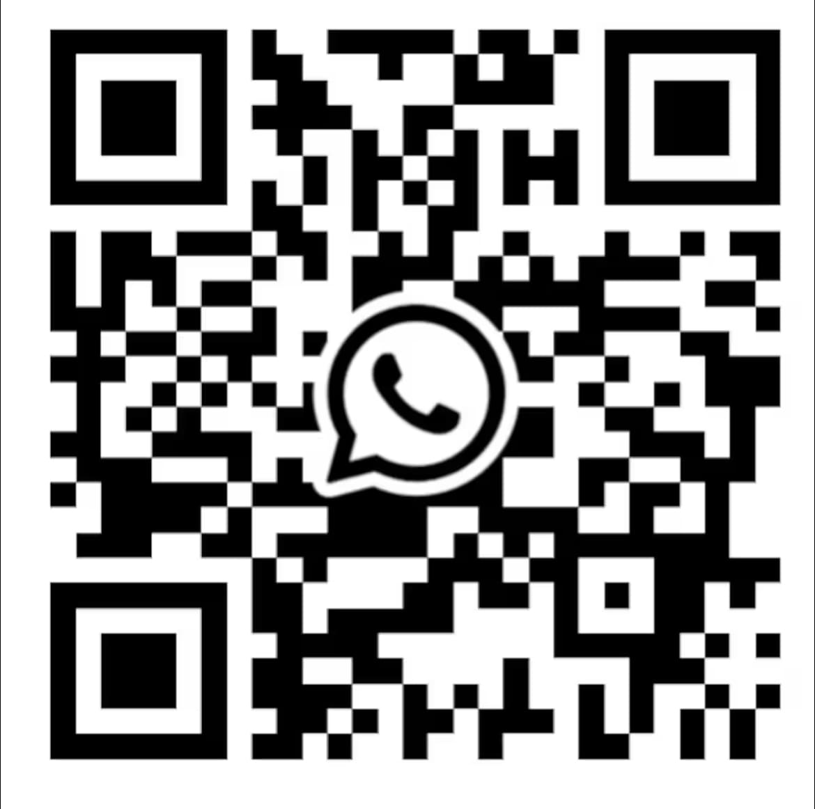 A QR code design illustrated in black and white, prominently featuring the WhatsApp logo at its center. The geometric patterns create a distinct visual that contains no discernible text or images other than the code itself.