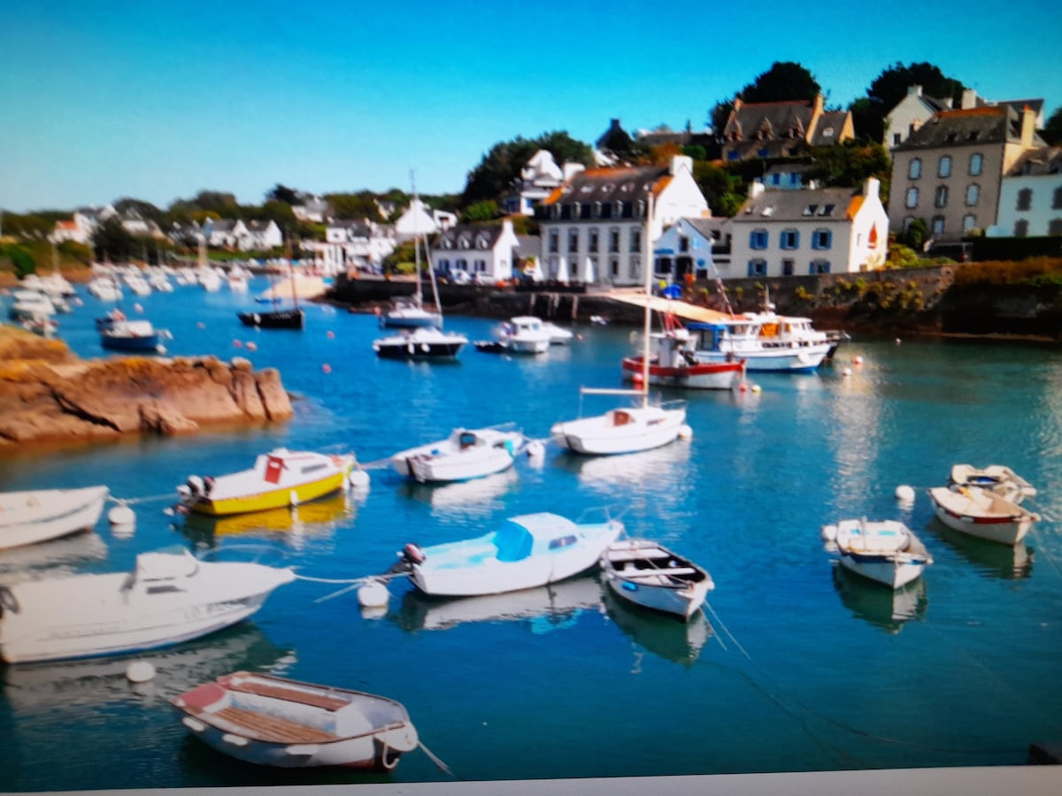 A serene harbor scene captures several boats gently floating in calm blue waters. Quaint buildings with white façades and colorful accents line the waterfront, framed by lush greenery in the background. The overall setting reflects a tranquil coastal atmosphere.