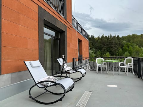 ~2bedr apt with big terrace for chill ~Pool/Sauna