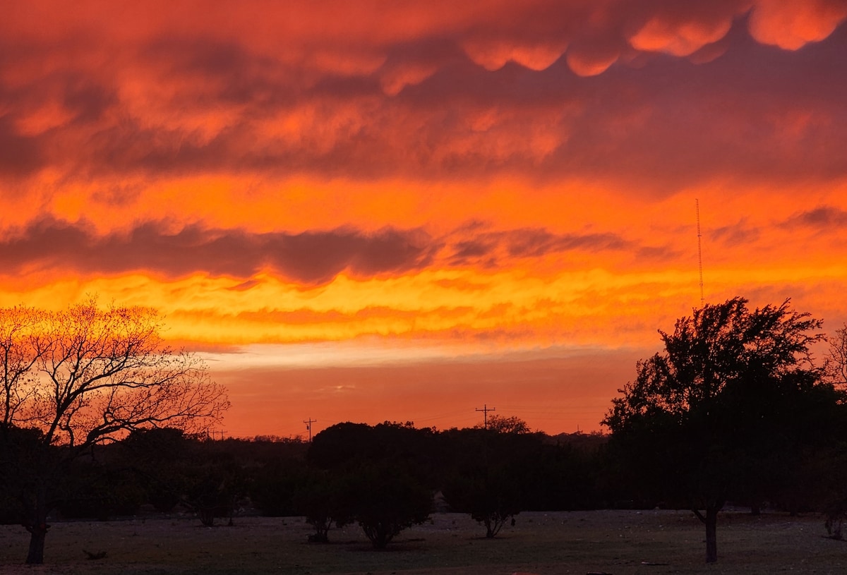 A vibrant sunset is captured, displaying a gradient of warm colors ranging from deep orange to soft pink beneath a cloudy sky. Silhouettes of trees and distant land create a tranquil foreground, while the evening light enhances the natural beauty of the surroundings.