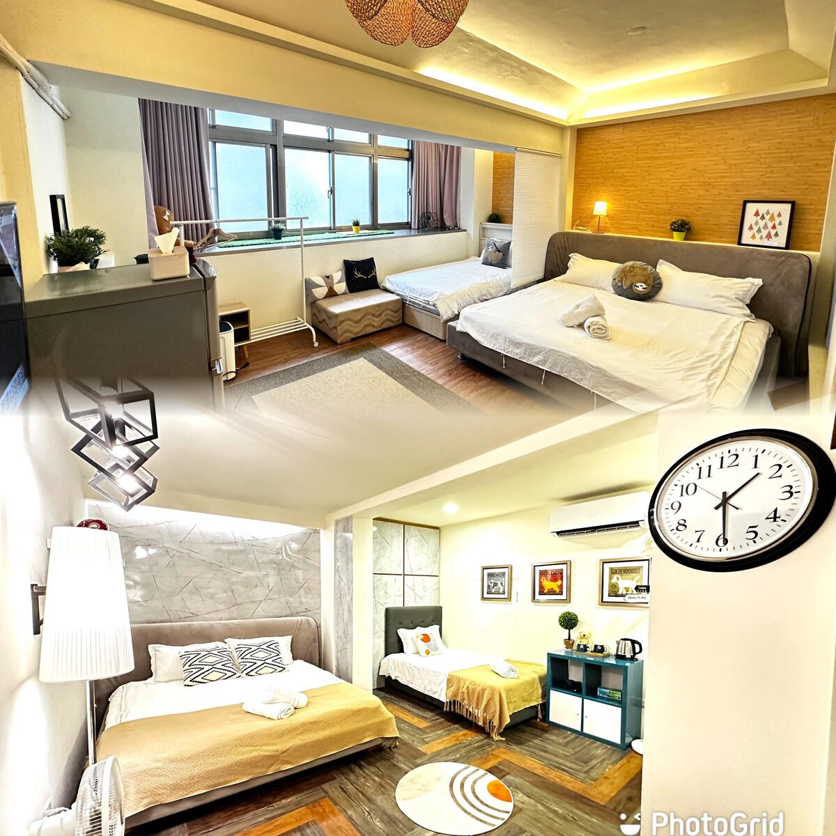 Two distinct sleeping areas are visible, each with ample natural light from large windows. The upper room features two spacious beds and a light-toned rug, while the lower room includes a cozy bed frame with decorative pillows. A clock and art pieces complement the decor.
