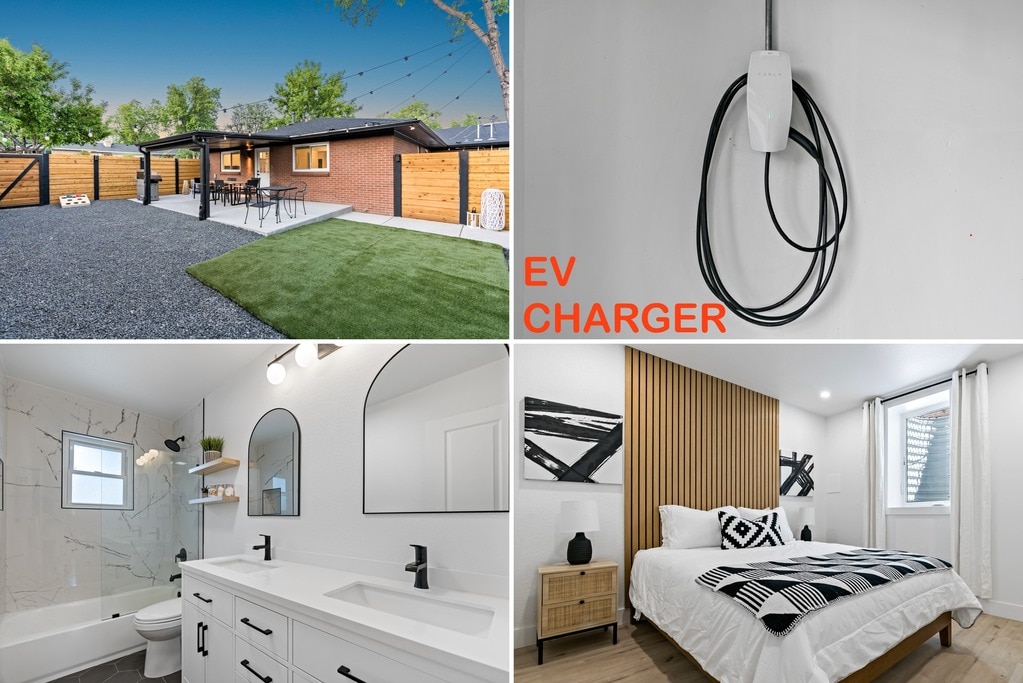 The image showcases a spacious backyard with a green lawn and a patio set, surrounded by wooden fencing. An EV charger is mounted on the wall. The collage features a modern bathroom with stylish fixtures, and a bedroom featuring a neatly made bed with black and white linens against a wooden accent wall.
